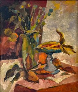 Obstschale, Blumenstrauß und Magnolienblätter, 1987